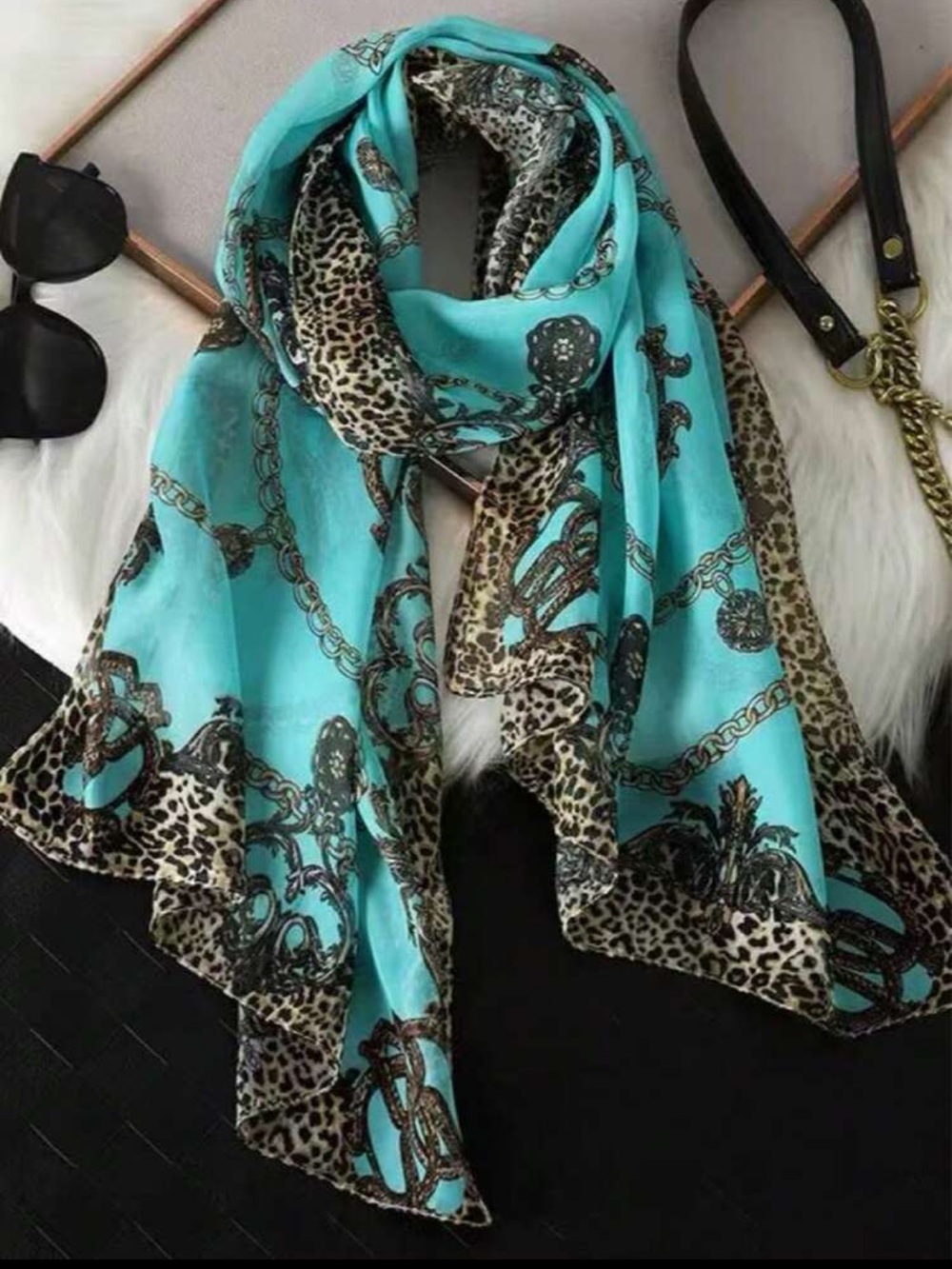 Turquoise Chain & Leopard Print Women's Scarf